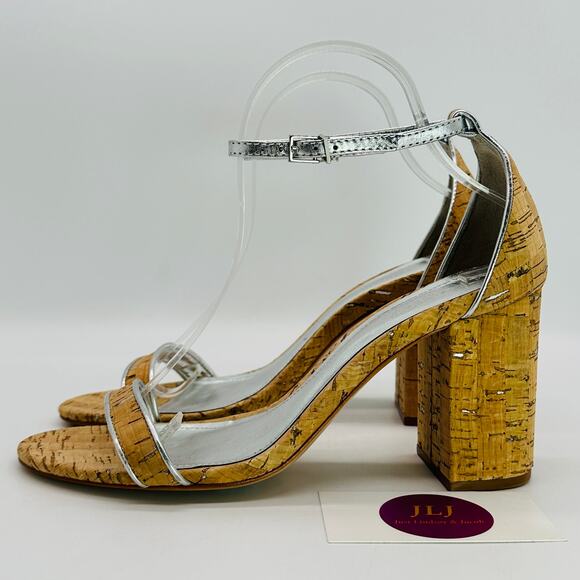 Schutz Women's Cadey Lee Block Cork Silver Leather Causal Sandal Heels Size 9 - Picture 5 of 12